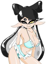 +_+ 1girl bikini breasts callie_(splatoon) large_breasts nintendo one_eye_closed pointy_ears sakaagari-kun splatoon_(series) swimsuit tentacle_hair twintails white_background wink yellow_eyes