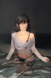 1girl bikini black_eyes black_hair clenched_teeth full_body han_sooyoung highres jozllie maid_headdress o-ring o-ring_bikini omniscient_reader&#039;s_viewpoint partially_submerged pool see-through_clothes see-through_shirt seiza shirt single_off_shoulder sitting solo stomach surprised swimsuit teeth toned toned_female wet wet_clothes