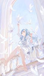 1girl absurdres bang_dream! bang_dream!_it&#039;s_mygo!!!!! barefoot bird blacky1266859 blue_hair commentary dove dress frilled_dress frills highres long_hair open_mouth railing short_sleeves sidelocks sitting soles solo togawa_sakiko white_dress yellow_eyes