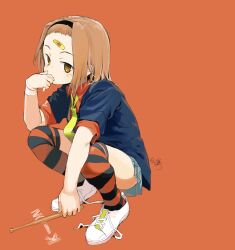 1girl bandaid bandaid_on_face bandaid_on_forehead black_hairband blue_jacket blue_skirt brown_eyes brown_hair commentary_request copyright_name hairband jacket k-on! kneehighs medium_hair necktie orange_background red_shirt shirt short_sleeves simple_background skirt socks solo squatting tainaka_ritsu yellow_necktie zhongye_yu
