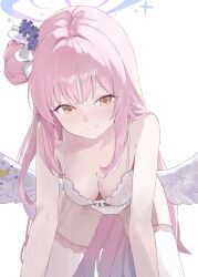 1girl absurdres all_fours blue_archive blush bra breasts crescent crescent_pin evening_rabbit feathered_wings flower hair_bun hair_flower hair_ornament halo highres lace lace-trimmed_bra lace-trimmed_panties lace-trimmed_thighhighs lace_trim large_breasts leaning_forward light_smile lingerie long_hair looking_at_viewer low_wings mika_(blue_archive) multicolored_halo one_side_up panties pink_hair single_side_bun solo thighhighs underwear very_long_hair white_background white_bra white_panties white_thighhighs white_wings wing_ornament wings yellow_eyes