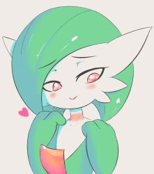 Rule 34 | 1girl, blush, bob cut, bruise, bruise on neck, colored skin, gardevoir, gen 3 pokemon, green hair, green skin, grey background, heart, highres, injury, multicolored skin, nintendo, pink eyes, pokemon, pokemon (creature), simple background, smile, two-tone skin, white skin, zyleyz