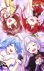 Rule 34 | 4girls, :d, ^ ^, animal ear fluff, animal ears, bare shoulders, black capelet, black gloves, black leotard, blue hair, bone hair ornament, bow, braid, breasts, brown hair, capelet, cartoon bone, closed eyes, collar, commentary request, detached sleeves, dog ears, don-chan (usada pekora), dress, ears down, fangs, floral background, fur-trimmed gloves, fur trim, gloves, grey hair, hair between eyes, hair bun, hair ornament, highres, hololive, houshou marine, houshou marine (1st costume), inugami korone, inugami korone (1st costume), jacket, kiritoma, leotard, long hair, long sleeves, low twintails, lying, multicolored hair, multiple girls, murasaki shion, murasaki shion (1st costume), on back, open clothes, open jacket, open mouth, own hands together, pentagram, pink bow, puffy short sleeves, puffy sleeves, rabbit ears, red collar, red hair, red jacket, shirt, short eyebrows, short sleeves, signature, single side bun, sleeveless, sleeveless jacket, sleeves past wrists, small breasts, smile, strapless, strapless dress, strapless leotard, striped clothes, striped shirt, teeth, thick eyebrows, twin braids, twintails, two-tone hair, upper body, upper teeth only, usada pekora, usada pekora (1st costume), vertical-striped clothes, vertical-striped shirt, virtual youtuber, white dress, white gloves, white hair, white sleeves, yellow jacket