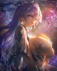 1girl blue_eyes breasts cantarella_(wuthering_waves) closed_mouth commentary earrings english_commentary fingernails from_side hair_between_eyes hand_on_own_chest headdress highres huge_breasts jellyfish jewelry long_hair looking_ahead mole mole_under_eye nail_polish purple_hair purple_nails revision shrug_(clothing) solo turbulence upper_body very_long_hair white_shrug wuthering_waves