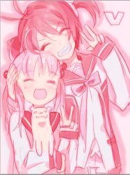 Rule 34 | 2girls, closed eyes, ferret, grin, hair bobbles, hair ornament, hand on another&#039;s head, isshiki akane, isshiki momo, monochrome, multiple girls, national shin ooshima school uniform, nishihara isao, open mouth, school uniform, short hair, sketch, smile, twintails, uso-kun, v, vividred operation