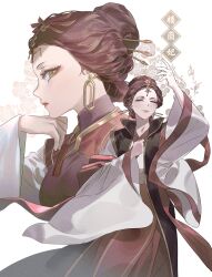 1girl absurdres brown_hair closed_eyes closed_mouth ea_ateu earrings expressionless eyeshadow hair_bun highres jewelry kusuriya_no_hitorigoto long_sleeves looking_at_viewer loulan_(kusuriya_no_hitorigoto) makeup multiple_views single_hair_bun smile standing wide_sleeves yellow_eyes