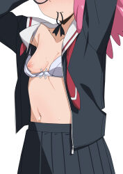 1girl black-framed_eyewear black_shirt black_skirt boku_no_hero_academia breasts collarbone commentary_request facing_viewer glasses hair_tie_in_mouth haneyama_kazuho head_out_of_frame highres morisobo mouth_hold navel open_clothes open_shirt perky_breasts pink_hair pleated_skirt school_uniform serafuku shirt simple_background skirt small_breasts solo stomach twintails unzipped vigilante_-boku_no_hero_academia:_illegals- white_background zipper