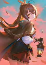 Rule 34 | 1girl, absurdres, ahoge, brown capelet, brown hair, capelet, dagger, feather hair ornament, feathers, floating hair, fluffycatfish, hair ornament, highres, holding, holding lantern, hololive, hololive english, knife, lantern, looking at viewer, looking back, multicolored hair, nanashi mumei, nanashi mumei (1st costume), pleated skirt, ponytail, red skirt, sheath, sheathed, skirt, streaked hair, virtual youtuber, weapon, white hair, yellow eyes