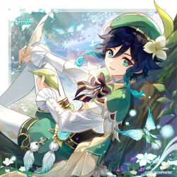 1boy absurdres anemo_symbol_(genshin_impact) aqua_hair beret black_bow black_bowtie black_hair bow bowtie braid commentary copyright_name crystalfly_(genshin_impact) day english_commentary flower from_side genshin_impact gradient_hair grass green_eyes green_hat green_shorts hair_between_eyes hat hat_flower highres holding holding_leaf holding_quill leaf long_sleeves looking_at_viewer looking_to_the_side male_focus multicolored_hair official_art on_grass outdoors pantyhose parted_lips quill shorts sitting solo striped_bow striped_bowtie striped_clothes twin_braids venti_(genshin_impact) vision_(genshin_impact) white_flower white_pantyhose