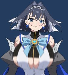 Rule 34 | blue background, blush, bouncing breasts, breasts, highres, hololive, hololive english, huge breasts, looking down, motion blur, motion lines, narrow waist, ouro kronii, perky breasts, rissushana, short hair, straight-on, wavy mouth