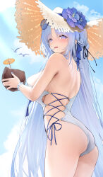 1girl absurdres alsace_(azur_lane) alternate_costume ass azur_lane blue_hair blue_nails blue_sky blush braid breasts cocktail_umbrella coconut_cup commentary_request cross-laced_clothes cross-laced_one-piece_swimsuit drink eyewear_on_head fingernails from_side half_up_braid hat highres holding holding_drink janload1ng large_breasts long_hair looking_at_viewer nail_polish o-ring o-ring_swimsuit one-piece_swimsuit open_mouth purple_eyes sky solo straw_hat sunglasses swimsuit thighs very_long_hair white_one-piece_swimsuit
