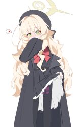 ... 1girl absurdres beret black_coat black_gloves black_hat black_pantyhose black_sailor_collar black_serafuku black_skirt blonde_hair blue_archive blush bow bowtie clothes_lift coat commentary_request covering_own_mouth cowboy_shot egg_vibrator fluffy_hair gloves green_eyes halo hat heart highres lmg7811 long_hair long_sleeves looking_at_viewer open_clothes open_coat pantyhose pleated_skirt professor_niyaniya_(blue_archive) red_bow red_bowtie sailor_collar school_uniform serafuku sex_toy side_ahoge simple_background skirt skirt_lift sleeves_past_wrists solo spoken_heart very_long_hair vibrator white_background yellow_halo