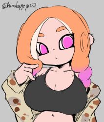 Rule 34 | 1girl, black sports bra, breasts, camouflage, camouflage shirt, cleavage, collarbone, drill hair, gradient hair, grey background, large breasts, long hair, long sleeves, looking at viewer, miyazero, multicolored hair, nintendo, octoling, octoling girl, octoling player character, octopus girl, off-shoulder shirt, off shoulder, open clothes, open shirt, orange hair, pink eyes, pink hair, pointy ears, shirt, splatoon (series), sports bra, standing, suction cups, tentacle hair, two-tone hair, upper body, white shirt