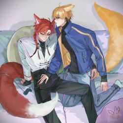 2boys ahoge animal_ears arm_around_waist bed belt bishounen black_belt black_hair black_pants black_shirt blonde_hair blue_jacket braid chinese_commentary chumo-qulingxiao closed_mouth collared_shirt controller earrings fox_boy fox_ears fox_tail game_controller grey_pants hair_over_shoulder hand_on_another&#039;s_hip hand_on_another&#039;s_stomach highres jacket jewelry kemonomimi_mode kneeling long_hair long_sleeves looking_at_another looking_at_viewer male_focus multicolored_hair multiple_boys necklace on_bed open_clothes open_jacket pants pillow red_eyes red_hair shiguang_dailiren shirt short_hair single_braid sitting sleeves_past_wrists socks tail tassel tassel_earrings turtleneck white_shirt white_socks xia_fei xiao_weiying yaoi yellow_eyes