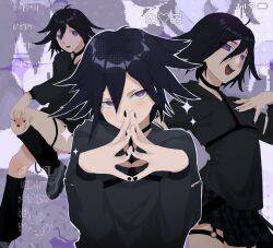 1boy alternate_costume battery_indicator black_choker black_hair black_leg_warmers black_nails black_skirt blush chest_strap choker commentary crossdressing danganronpa_(series) danganronpa_v3:_killing_harmony emo_fashion emoticon english_commentary flipped_hair grey_hoodie grey_shoes grey_sneakers hair_between_eyes heart highres hood hoodie kaomoji knee_up leg_warmers long_sleeves looking_at_viewer male_focus melting nail_polish oma_kokichi open_mouth outline pixel_art pixel_heart plaid_clothes plaid_skirt pleated_skirt purple_background purple_eyes purple_hair samedosama666 shirt shoes short_hair skirt smile sparkle steepled_fingers thigh_strap translation_request trap white_outline wi-fi_symbol