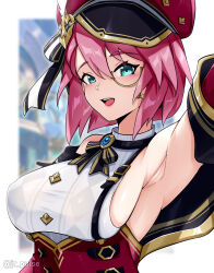 1girl absurdres aqua_eyes arm_up armpits bare_shoulders black_ribbon blue_gemstone blush breasts charlotte_(genshin_impact) commentary_request detached_sleeves gem genshin_impact hat highres jrpulse large_breasts long_sleeves looking_at_viewer medium_hair monocle newsboy_cap open_mouth pink_hair red_hat ribbon shirt sideboob sleeveless sleeveless_shirt smile solo upper_body white_shirt