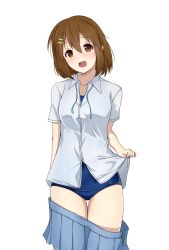 1girl absurdres blue_one-piece_swimsuit blue_skirt brown_eyes brown_hair collared_shirt cowboy_shot dress_shirt hair_ornament hairclip highres hirasawa_yui k-on! looking_at_viewer old_school_swimsuit one-piece_swimsuit open_mouth pleated_skirt sakuragaoka_high_school_uniform school_swimsuit school_uniform shirt short_hair simple_background skirt solo summer_uniform swimsuit swimsuit_under_clothes thigh_gap undressing white_background white_shirt yasuc