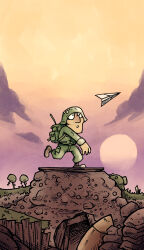 1boy backpack bag boots brown_boots combat_helmet day green_jacket green_pants helmet highres jacket male_focus metal_slug military_fatigues military_uniform outdoors pants paper_airplane setz soldier solo stahlhelm standing standing_on_one_leg throwing trench war