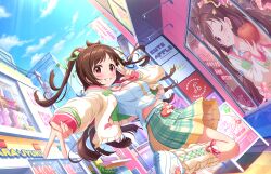 apple bow bowtie brown_hair building cherry cloud double_v english_text food fruit game_cg grin heart idolmaster idolmaster_cinderella_girls idolmaster_cinderella_girls_starlight_stage jacket official_art one_eye_closed photo_(object) red_eyes skirt smile tsujino_akari twintails unworn_clothes v