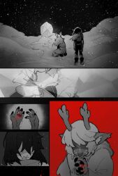 1boy 1girl 1other animal_ears antlers berdly_(dark_world)_(deltarune) berdly_(deltarune) buck_teeth crowberri deer_antlers deer_ears deer_girl deltarune furry furry_female furry_male highres horns kris_(dark_world)_(deltarune) kris_(deltarune) long_sleeves noelle_holiday noelle_holiday_(dark_world) reindeer_girl snowing teeth thorn_ring_(deltarune) weird_route_(deltarune)
