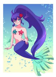 blue_eyes blue_hair breasts bright_pupils bubble commission fins fuuko_(kazeoceantide) glasses head_fins high_ponytail highres looking_at_viewer mermaid monster_girl navel nonoworks original pasties ponytail rimless_eyewear round_eyewear signature skeb_commission smile star_(symbol) star_pasties starfish