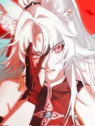 1girl animal_ear_fluff bare_shoulders beads black_gloves blue_eyes blue_gemstone blue_hair chinese_clothes covered_collarbone crying crying_with_eyes_open earrings eyelashes fang feixiao_(honkai:_star_rail) forehead_jewel fox fox_girl gem gloves gradient_hair hair_beads hair_ornament hand_on_own_face hand_up high_ponytail highres honkai:_star_rail honkai_(series) jewelry long_hair looking_at_viewer mandarin_collar multicolored_hair parted_bangs partially_fingerless_gloves ponytail red_background red_eyes red_shirt shirt simple_background single_sidelock sleeveless sleeveless_shirt solo tassel tassel_hair_ornament tears teeth upper_body v-shaped_eyebrows white_hair yziyiling