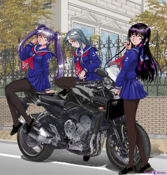 3girls blue_hair legs long_hair maki_michaux motor_vehicle motorcycle multiple_girls original pantyhose purple_hair school_uniform twintails vehicle yamaha