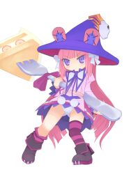 1girl absurdres bear_girl black_boots boots cake dress dumpty_alma emil_chronicle_online food fork hair_ribbon hat highres holding holding_fork loli long_hair mof panties pantyshot purple_dress purple_eyes purple_hair purple_hat purple_ribbon purple_thighhighs ribbon striped_clothes striped_thighhighs thighhighs underwear white_background white_ribbon witch_hat