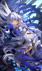 1girl absurdres artist_name closed_mouth dress genshin_impact grey_hair hair_between_eyes highres long_hair looking_at_viewer lying on_side prosthesis prosthetic_arm prosthetic_leg red_eyes shirix signature skirk_(genshin_impact) solo symbol-shaped_pupils very_long_hair white_dress