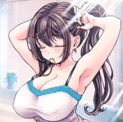 1girl armpits arms_up bare_arms bare_shoulders blush breasts brown_hair camisole cleavage closed_eyes closed_mouth collarbone covered_erect_nipples curly_hair eyelashes hair_between_eyes hair_tie_in_mouth hand_in_own_hair highres indoors large_breasts light_rays lips long_hair mouth_hold no_bra oomune_tayuyu ponytail sidelocks solo swept_bangs tama_project tying_hair upper_body v-mag virtual_youtuber white_camisole window_blinds