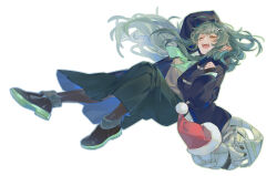 1girl absurdres alternate_costume arknights black_coat black_pantyhose black_shoes blonde_hair blush coat fangs gavial_(arknights) green_hair green_necktie green_skirt hair_ornament hat highres long_hair long_skirt long_sleeves looking_at_viewer moozsilent necktie one_eye_closed open_clothes open_coat open_mouth pantyhose pointy_ears santa_hat shoes sidelocks simple_background skirt solo sweater tail white_background yellow_eyes yellow_sweater