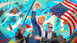 2024_attempted_assassination_of_donald_trump 4boys aircraft airplane american_flag black_jacket blonde_hair blood blue_jacket bullet collared_shirt donald_trump f-15_eagle falling_feathers feathers fighter_jet flagpole formal_clothes highres jacket military_vehicle multiple_boys pedram_voss real_life shirt suit suit_jacket sunglasses white_shirt