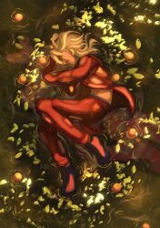 1boy absurdres blonde_hair closed_eyes fetal_position food from_above fruit full_body highres jacket jojo_no_kimyou_na_bouken leaf long_sleeves lying male_focus medium_hair navel nolvini on_side orange_(fruit) pannacotta_fugo pants red_jacket red_pants sleeping solo vento_aureo water