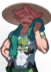 1boy :d bite_addict closed_eyes commentary_request covered_abs dynamax_band facing_viewer freckles gloves green_shorts hand_up hat highres male_focus milo_(pokemon) nintendo open_mouth pink_hair pokemon pokemon_swsh shirt short_hair short_sleeves shorts single_glove smile solo sun_hat teeth tongue towel towel_around_neck upper_teeth_only white_background