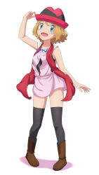 1girl :d absurdres black_hat black_thighhighs blonde_hair blue_eyes boots brown_boots dress full_body hat highres jacket looking_at_viewer nintendo open_mouth pink_dress pokemon pokemon_(anime) pokemon_xy_(anime) red_jacket scarletsky serena_(pokemon) short_dress short_hair simple_background sleeveless sleeveless_dress smile solo standing thighhighs white_background