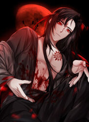 Rule 34 | 1boy, abs, aninsigsi, bare pectorals, bishounen, black hair, black hanfu, blood, blood on body, blood on clothes, branded, chinese clothes, closed mouth, coat, coat partially removed, collarbone, full moon, glowing, glowing eyes, grey coat, hair down, hair ribbon, half updo, hanfu, highres, holding, holding own hair, korean commentary, long hair, long sleeves, looking at viewer, male focus, modao zushi, moon, night, off shoulder, official alternate costume, official alternate hairstyle, open clothes, open coat, open robe, pectorals, red eyes, red moon, red ribbon, ribbon, robe, sidelocks, sitting, smile, solo, wei wuxian, wei wuxian (yiling laozu)