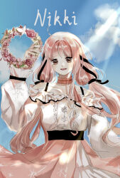 Rule 34 | 1girl, ahoge, belt, black belt, black bow, black ribbon, blue sky, blunt bangs, bow, bow choker, bowtie, bra strap, brown eyes, bug, butterfly, buttons, center frills, character name, choker, cloud, collarbone, cowboy shot, day, dot nose, eyelashes, floating clothes, flower, frilled skirt, frilled sleeves, frills, hair bow, hair ribbon, haiyang liuhuo, happy, high-waist skirt, highres, holding, holding wreath, infinity nikki, insect, layered skirt, light blush, light rays, long hair, long sidelocks, long sleeves, low twintails, nikki (nikki), nikki (series), off-shoulder shirt, off shoulder, open mouth, outdoors, perfect start (infinity nikki), pink bow, pink bowtie, pink choker, pink flower, pink hair, pink rose, pink skirt, pleated skirt, puffy long sleeves, puffy sleeves, ribbon, rose, shirt, sidelocks, single stripe, skirt, sky, sleeves past wrists, smile, snowflake print, solo, sparkle, standing, striped bow, striped bowtie, striped choker, striped clothes, sunlight, teeth, tress ribbon, twintails, upper teeth only, very long hair, wavy hair, white butterfly, white flower, white shirt, white skirt