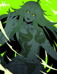 1girl barbariccia breasts colored_sclera eyes_visible_through_hair final_fantasy final_fantasy_iv final_fantasy_xiv fingernails green_background green_hair green_lips green_nails green_panties hair_between_eyes highres koyorin long_hair looking_at_viewer medium_breasts nail_polish panties revealing_clothes sharp_fingernails simple_background solo underwear yellow_eyes