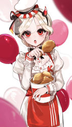 1girl absurdres apron balloon black_ribbon blonde_hair blurry blurry_background blurry_foreground bucket bucket_of_chicken chef_hat chicken_(food) chicken_leg collar dress fake_horns food fried_chicken frilled_collar frilled_sleeves frills hat hat_ribbon headband highres hoge_(n8sss) holding holding_bucket holding_food horns identity_v juliet_sleeves kfc lipstick long_sleeves looking_at_viewer makeup mini_chef_hat mole mole_under_eye nail_polish neck_ribbon official_alternate_costume open_mouth puffy_sleeves red_apron red_eyes red_nails ribbon short_hair solo vera_nair vera_nair_(lady_k) waist_apron white_background white_dress