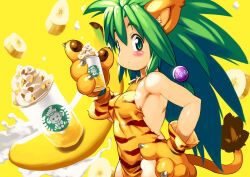 1girl animal_ears animal_hands animal_print banana banana_slice big_hair blush brand_name_imitation breasts cat_ears cat_tail cham_cham claws covered_erect_nipples cup disposable_cup dress food food-themed_background frappuccino from_side fruit gloves green_eyes green_hair hair_bobbles hair_ornament halter_dress halterneck hand_on_own_hip holding holding_cup long_hair no_bra paw_gloves print_dress samurai_spirits sideways_glance solo starbucks tail tiger_print torn_clothes whipped_cream yellow_background yu_3