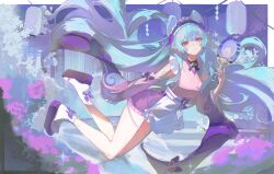 1girl absurdres apron bell black_choker black_hairband black_sandals blue_hair bow bow_hairband chinese_commentary choker closed_mouth commentary_request detached_sleeves floating flower frilled_hairband frills full_body genshin_impact hairband hand_fan highres holding holding_fan japanese_clothes kimono lantern long_hair long_sleeves looking_at_viewer neck_bell nihongami okobo outdoors paper_fan paper_lantern pink_kimono pink_sleeves platform_sandals pointy_ears purple_bow purple_eyes purple_flower sandals sash short_kimono sleeve_bow sleeveless sleeveless_kimono smile socks solo tabi uchiwa waist_apron white_apron white_sash white_socks wide_sleeves yumemizuki_mizuki yutou_(yutou75)