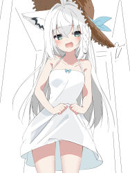 1girl absurdres ahoge animal_ear_fluff animal_ears blush braid clothes_lift commentary_request dress dress_lift earrings fang fox_ears fox_girl green_eyes hair_between_eyes hat highres hololive jewelry long_hair looking_at_viewer open_mouth shirakami_fubuki shirayuki_(snow_link) shirt sidelocks single_braid skin_fang sleeveless solo straw_hat sundress virtual_youtuber white_hair white_shirt