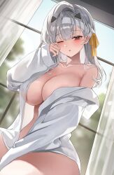 1girl absurdres areola_slip bandaged_head bandages breasts cleavage collarbone goddess_of_victory:_nikke grey_hair highres huge_breasts long_hair long_sleeves looking_at_viewer modernia_(first_affection)_(nikke) modernia_(nikke) no_bra official_alternate_costume open_clothes open_shirt red_eyes shirt sleepy solo white_shirt window yam_s2