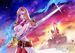 1girl bare_shoulders beatrix_(ff9) belt belt_buckle breasts brown_belt brown_eyes brown_hair brown_pantyhose buckle castle closed_mouth cloud cloudy_sky coat collarbone commentary_request cowboy_shot curly_hair eyepatch falling_petals final_fantasy final_fantasy_ix gauntlets glint holding holding_sword holding_weapon large_breasts long_hair looking_at_viewer loose_belt outdoors pantyhose petals quichi_91 red_petals sky sleeveless sleeveless_coat solo sword weapon white_coat