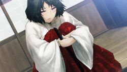 1boy architecture black_hair blush bob_cut chihaya_(clothing) choker crying dutch_angle east_asian_architecture fingernails game_cg hair_ornament hairclip hakama hakama_skirt highres holding hugging_own_legs huke japanese_clothes kosode looking_down male_focus miko narrowed_eyes non-web_source official_art open_mouth outdoors pink_eyes pink_lips porch red_hakama ribbon_choker ribbon_trim ringed_eyes sad shiny_lips sitting skirt solo square_pupils steins;gate streaming_tears tears tongue trap urushibara_ruka wide_sleeves wooden_floor wooden_porch