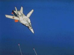 1980s_(style) aerial_battle alien animated animated_gif battle choujikuu_yousai_macross contrail dodging dogfight epic explosion flying gerwalk gunpod insignia itano_circus macross maximilian_jenius mecha missile official_art oldschool retro_artstyle robot science_fiction traditional_media transformation u.n._spacy variable_fighter vf-1 vf-1a zentradi