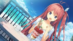 1girl antenna_hair ao_no_kanata_no_four_rhythm bare_arms bird blouse blue_eyes blue_sky blush breasts cleavage cloud cloudy_sky collarbone commentary dutch_angle english_commentary food frilled_shirt frills glass hair_intakes hair_ribbon hands_up highres holding holding_spoon ice ice_cream ice_cube kurashina_asuka large_breasts long_hair looking_at_viewer mountainous_horizon ocean official_art one_side_up open_mouth pink_hair ribbon second-party_source shirt short_sleeves sitting sky sleeveless smile solo spoon suzumori table variant_set very_long_hair water white_ribbon white_shirt