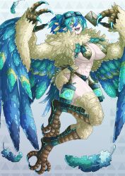 1girl abs absurdres bird_legs bird_tail blue-tinted_eyewear blue_hair blue_wings breast_curtains breasts claws commentary_request feathered_wings goggles goggles_on_head green_eyes harpy highres hkdd99 holding holding_letter large_breasts letter looking_at_viewer midriff monster_girl multicolored_hair multicolored_wings open_mouth original pointy_ears solo tail talons tinted_eyewear two-tone_hair winged_arms wings