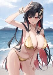 1girl absurdres arm_up armpit_crease bare_shoulders beach bikini black_hair blue_sky blush breasts cleavage cloud collarbone colored_inner_hair commentary day gold_bikini hair_between_eyes hair_ornament hand_on_own_thigh highres illian-san large_breasts long_hair looking_at_viewer mountainous_horizon multicolored_hair nail_polish navel ocean original parted_lips pink_nails red_eyes red_hair scrunchie sky smile solo standing stomach string_bikini swimsuit symbol-only_commentary thighs very_long_hair waves wet white_scrunchie