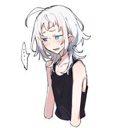 Rule 34 | ..., 1girl, ahoge, azuma shino, black tank top, blue eyes, blush, collarbone, fang, flat chest, heterochromia, nowareno (azuma shino), original, pointy ears, simple background, skin fang, solo, spoken ellipsis, tank top, white background, white hair